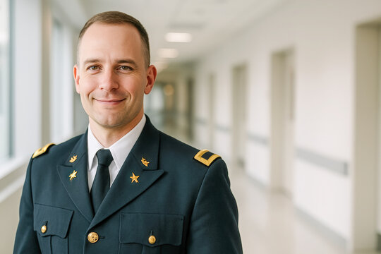 High resolution, ultra realistic portrait of a confident military officer in formal dress uniform, smiling while standing in a bright, empty hallway, exuding professionalism and pride, with copy space
