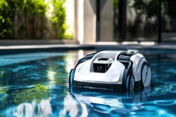 Robot pool cleaner operates in clear blue water under sunlight at a modern residential home