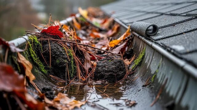 Detailed shot of overfilled gutter showing accumulated natural waste along roof edge.