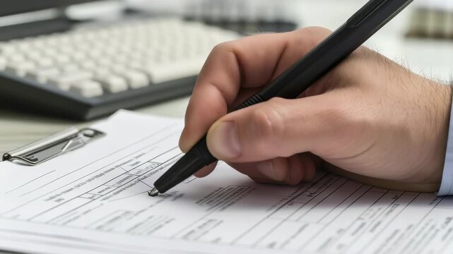 A close-up shot captures a person's hand holding a pen while filling out paperwork. The background includes a keyboard, suggesting an office or professional setting. Focus is on form completion.