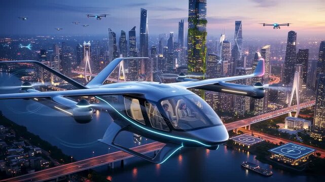 Elevated urban transportation scene with sleek eVTOL aircraft and futuristic cityscape horizon.