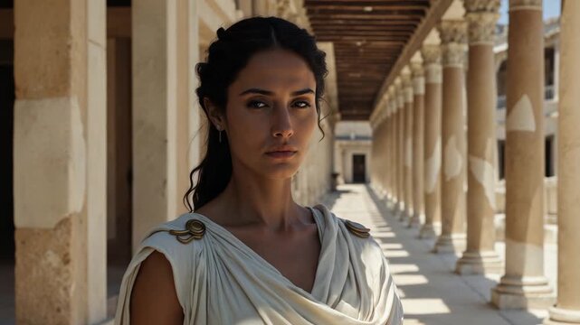 A Graceful Woman Dressed in Ancient Attire Amid Classical Architecture