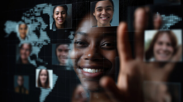 Smiling woman interacting with digital faces on a global map in a virtual environment - Powered by Adobe