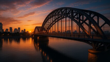 Naklejka premium Sunset View of Arch Bridge over River with City Skyline