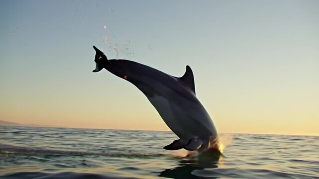 wild dolphin leaping from ocean water at sunset