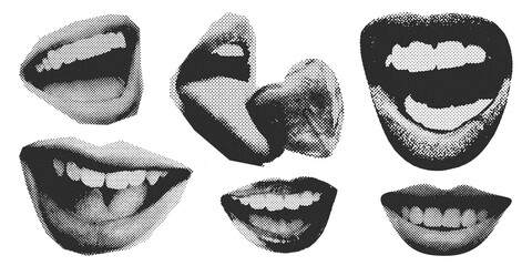 Halftone collage lips gesture set, Dotted modern retro y2k grunge pop art style. Cutout grainy clipping shapes.