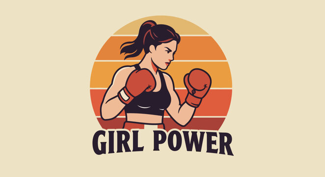 Vector Flat Solid Color Vintage Girl Power Logo Retro Women Boxing Emblem