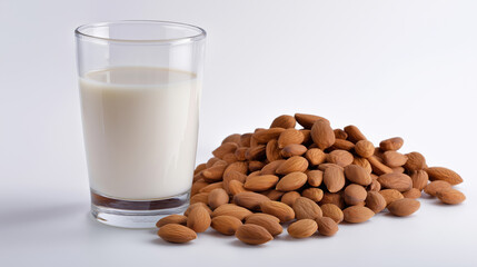 Almonds and glass of almond milk on a white background in a simple setting