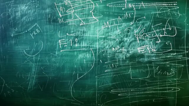 Mathematical Equations and Diagrams: A close-up shot of a weathered chalkboard, meticulously scribbled with an array of complex mathematical equations and diagrams.