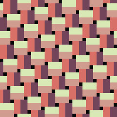Pattern created from pale yellow, dusty pink, terracotta and maroon rectangles, and small black squares