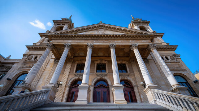 Imposing historical building with grand columns and steps on sunny day