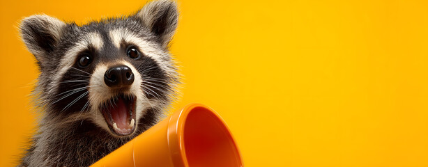 Playful announcement concept. A close-up of a raccoon seemingly shouting into an orange megaphone, set against a vibrant yellow backdrop, creating a humorous and eye-catching image.