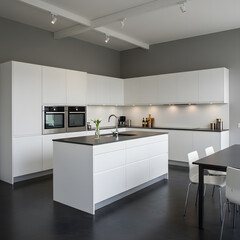 Modern kitchen interior design featuring an island and dining