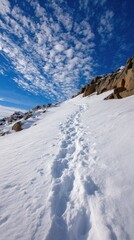 Snowy mountain path, clear blue sky