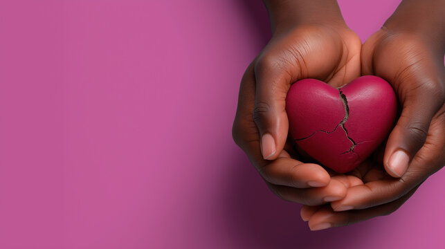 Hands holding a broken heart shaped object against a vibrant pink background