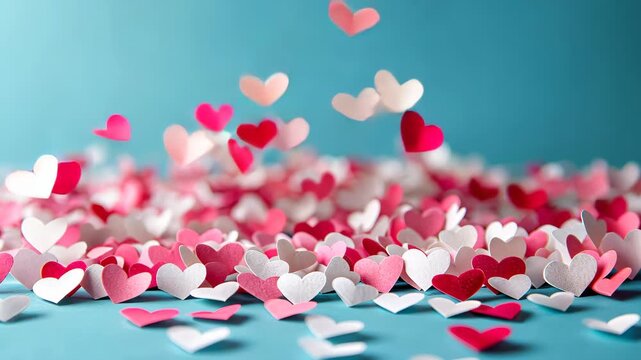 Falling Hearts: A shower of paper hearts cascade gracefully, their soft forms creating a romantic and cheerful display. The heart-shaped confetti embodies sentiments of love, affection.