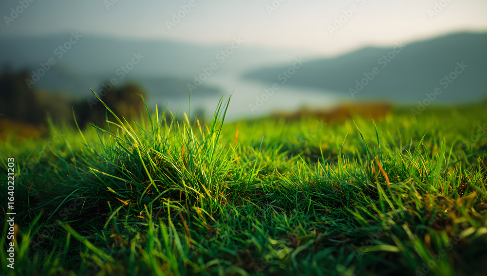 Poster close up of lush green grass with scenic background and space for text overlay in a serene nature se