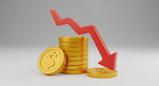 Dramatic financial downturn visualized as a stack of gold dollar coins pierced by a sharp red arrow pointing downwards, ideal for conveying market declines or economic recession fears - Powered by Adobe