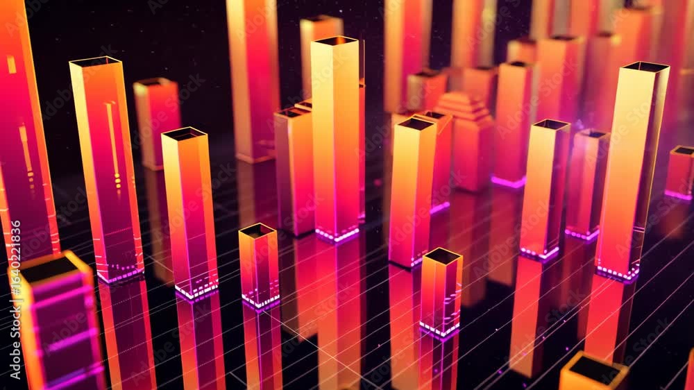 Poster data visualization of growth: abstract data visualization, where bars of various sizes are arrayed.