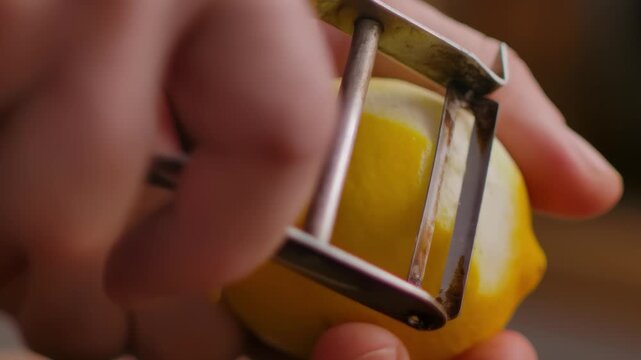 Macro view of a zester knife peeling a thin spiral from a lemon. This aromatic zest is a key ingredient for the Italian condiment gremolata. Concept of gourmet cooking and fresh flavor