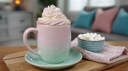 Cozy, pastel-colored hot cocoa in a mug, topped with whipped cream.  A small bowl of marshmallows sits beside it