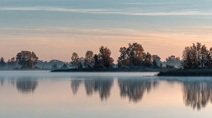 Naklejka premium Calm lake at sunrise, tranquil reflections