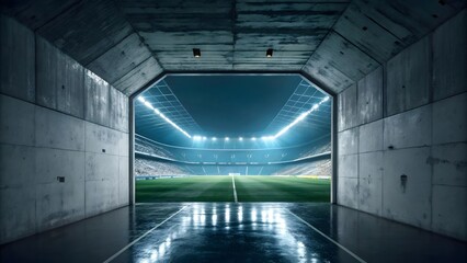 Dramatic stadium entrance revealing a vibrant, illuminated football field ready for a match