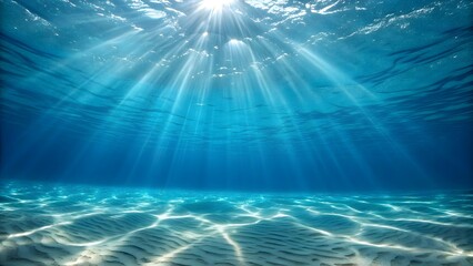 Obraz premium Sunlight beams illuminating underwater ocean scene with sandy seabed and vibrant blue water