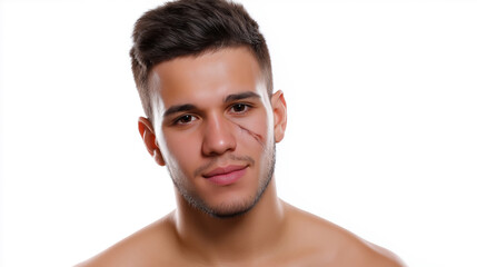 Fototapeta premium Young man with a facial scar posing against a plain white background