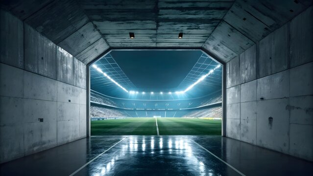 Fototapeta Dramatic stadium entrance revealing a vibrant, illuminated football field ready for a match