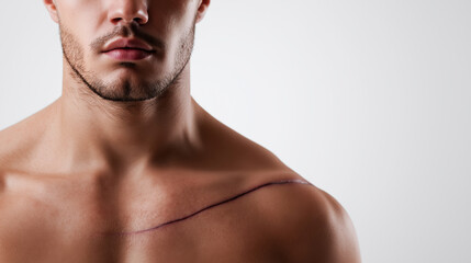 Fototapeta premium Male model showcasing a prominent scar on shoulder in a minimalist studio environment