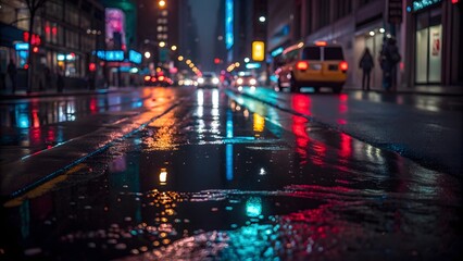 Obraz premium Vibrant city street reflecting neon lights after rain, moody urban atmosphere, commercial use