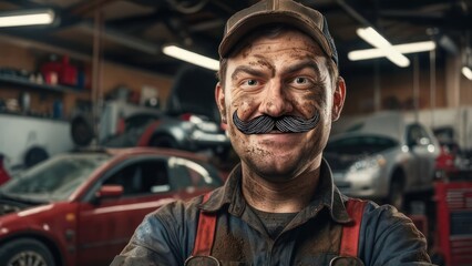 Funny mechanic with mustache