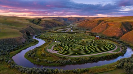 Aerial view of a sprawling hedge maze nestled in a valley, framed by a winding river and rolling hills.  Sunrise or sunset hues paint the sky