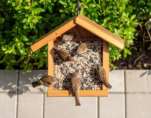 Naklejka premium Birds at a wooden bird feeder