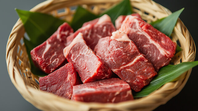 Raw Beef Meat on Bamboo Wooven Box or Besek on isolated white background. The sacrificial meat is covered in teak leaves in a woven bamboo box or besek. Daging qurban
