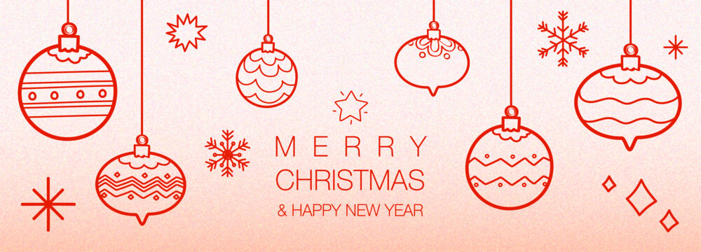 banner feliz navidad y a&ntilde;o nuevo con ilustraciones dibujadas a mano de esferas navide&ntilde;as, copos de nieve y estrellas con fondo degradado. Dise&ntilde;o ideal para redes sociales, anuncio, poster y mas.