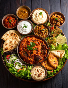 A large plate of asida topped with Sudanese mulah sauce placed beside small bowls of yogurt and fresh salad.