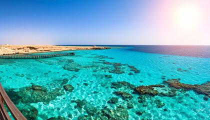 The stunning, untouched Red Sea coast of Sudan, with clear turquoise waters and vibrant coral reefs under a bright sun.