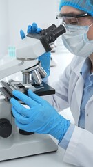 Female scientist analyzing sample through microscope, wearing protective lab gear during medical...