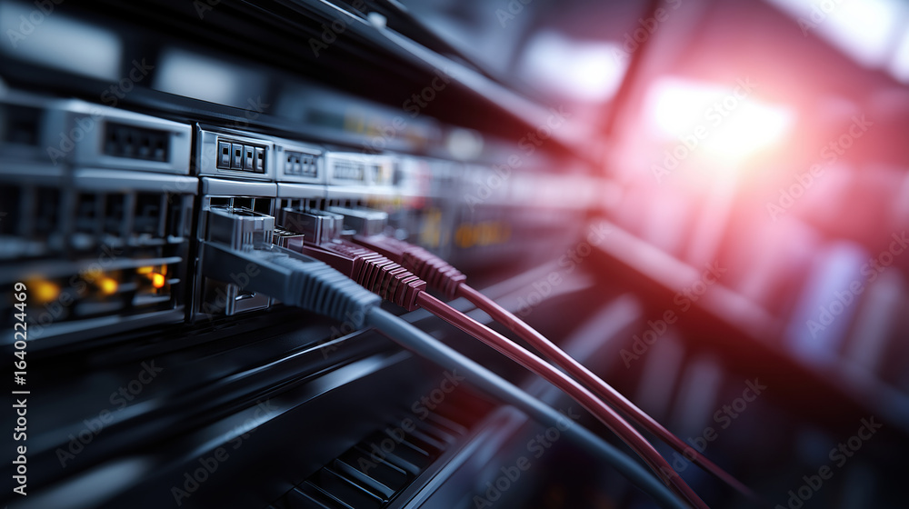 Poster high-speed network cables connecting data servers in a modern server room setting