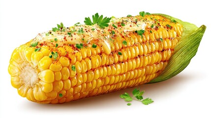 Sweet corn on the cob with butter, herbs, and spices on white background