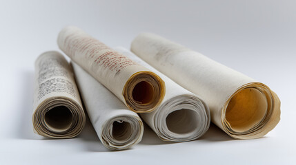 Fototapeta premium Antique rolls of parchment showcasing historical text and art on a light background
