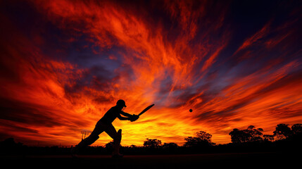 Cricketer batting against a vibrant sunset sky in an open field