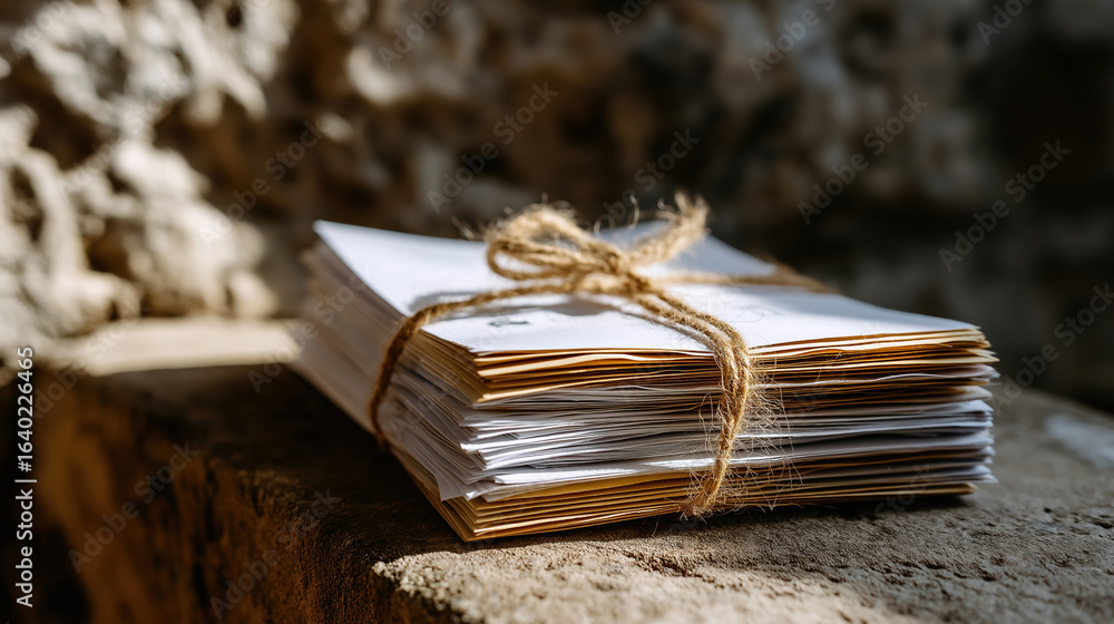Aufkleber Stacked letters tied with twine resting on a stone ledge in a rustic setting