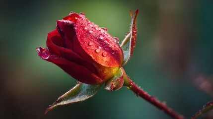 Dewy red rosebud close up