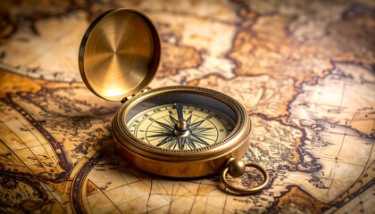 Antique brass compass on a vintage map