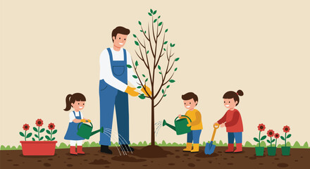 Family Tree Planting: Parents and Children Planting a Tree Together