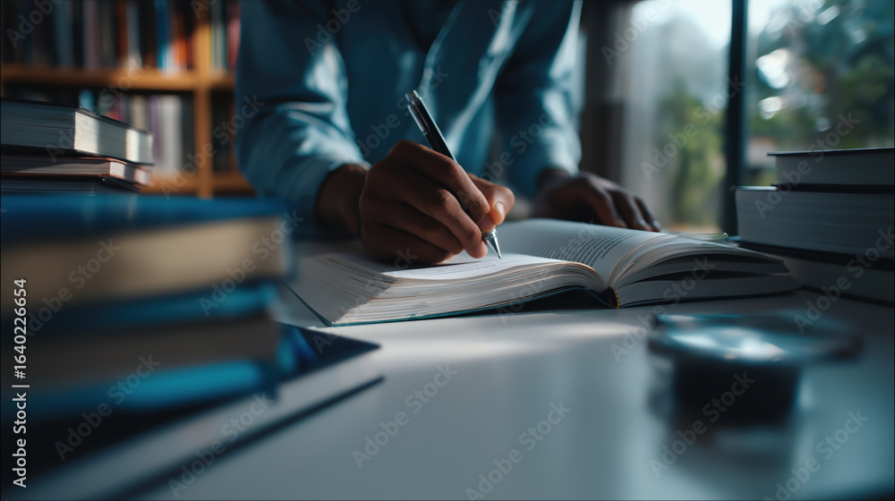 Poster person studying and taking notes in a well-lit library with books on the table