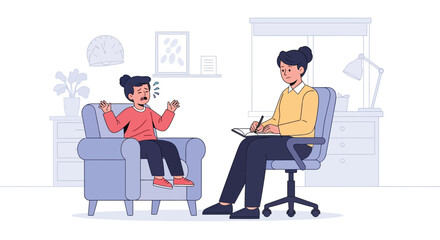 Child Therapy Session: Therapist Listening to Upset Child in Counseling Room